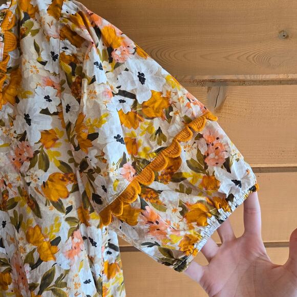 Entro Floral Mini Dress Boho Puff Sleeve Ruffled Vneck Scallop Prairie S Garden - Picture 4 of 5